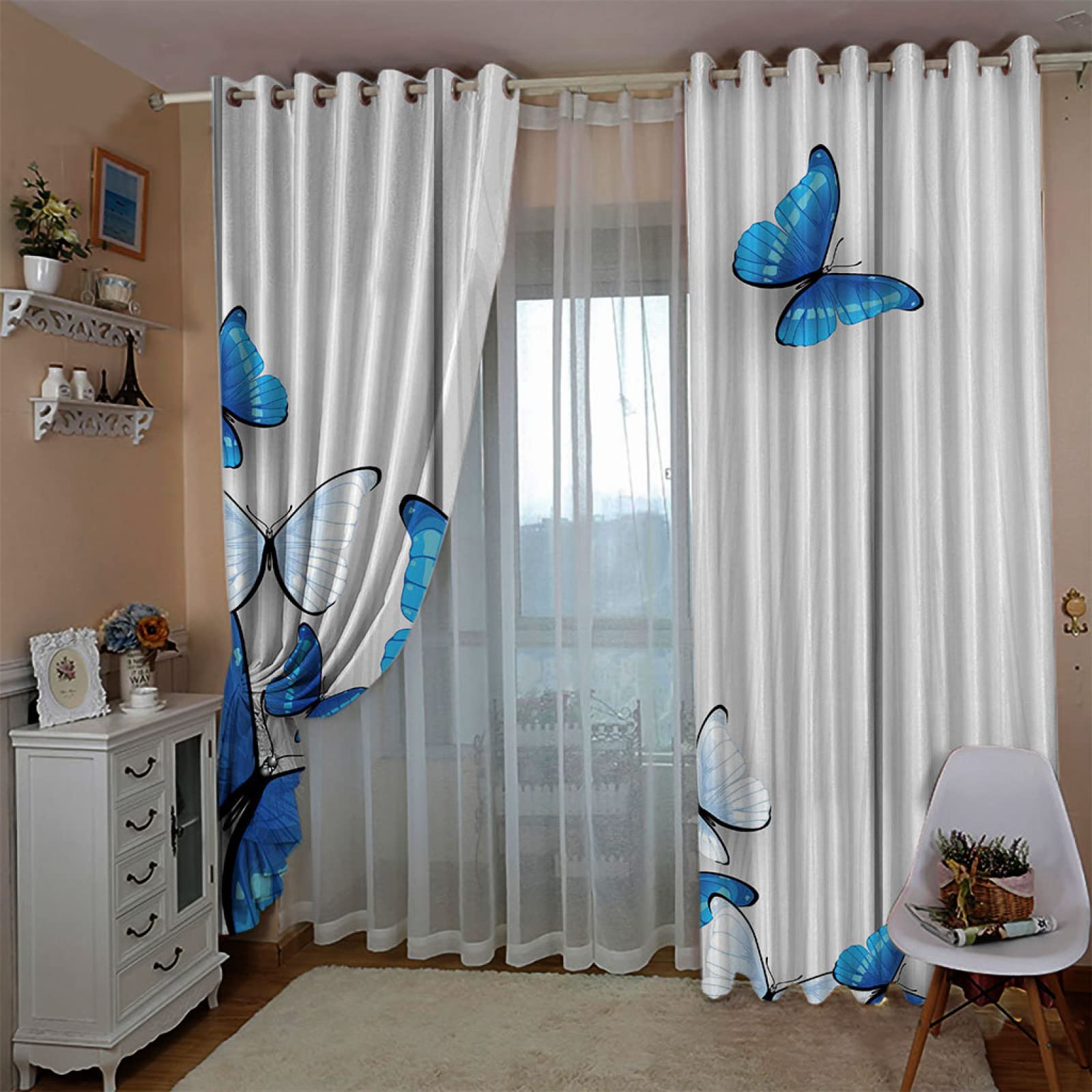 Amazon｜カーテン 幅168 x 丈229 cm x 2枚入 ブルー＆バタフライ 1級