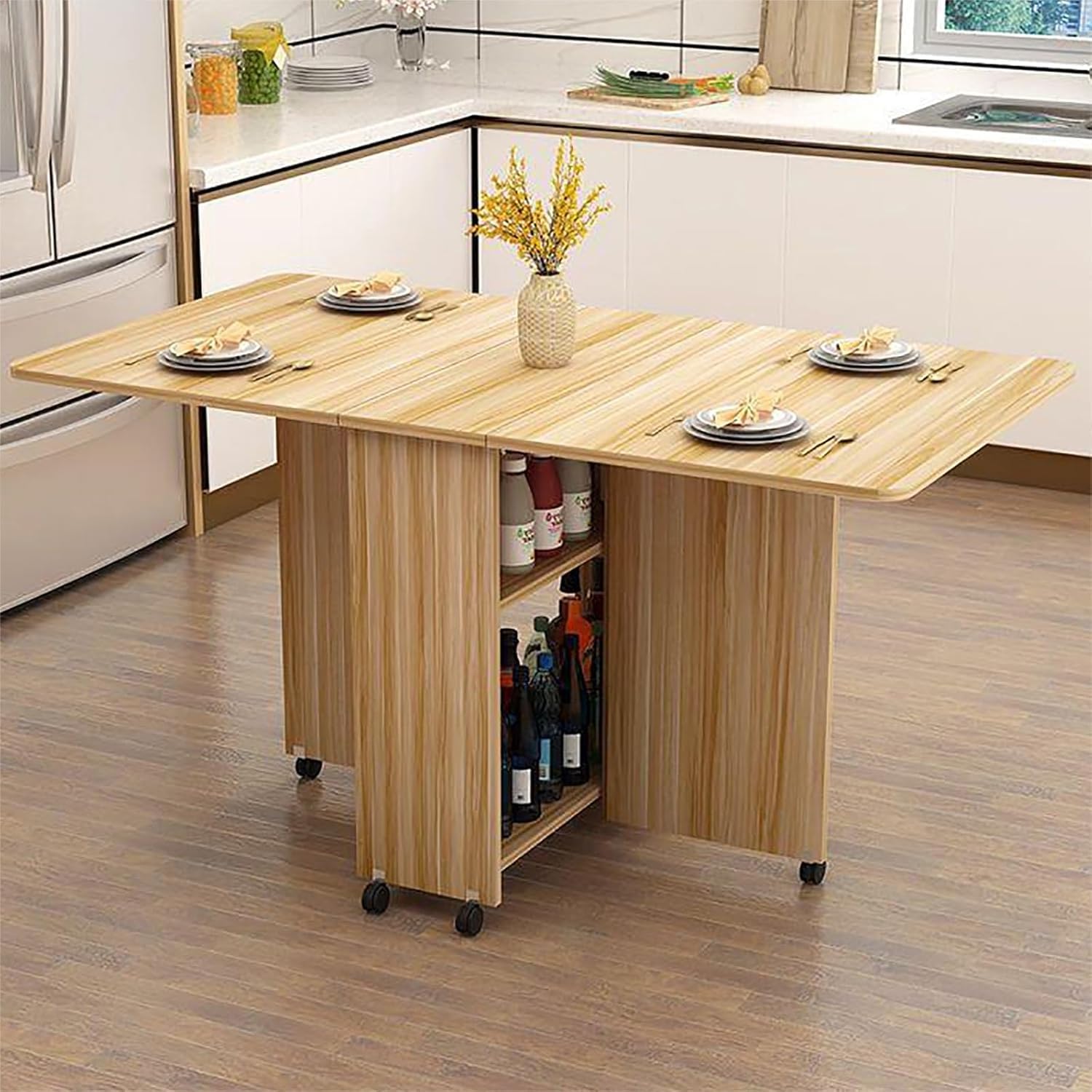 Amazon｜省スペース折りたたみダイニングテーブル、6輪付きモバイル