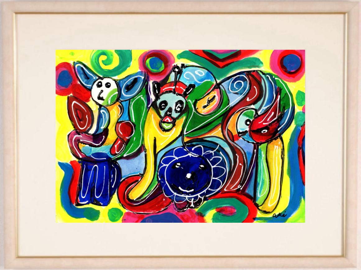 Amazon | 秋永清二 「楽しい動物園」 抽象画 絵画 ミクストメディア 額