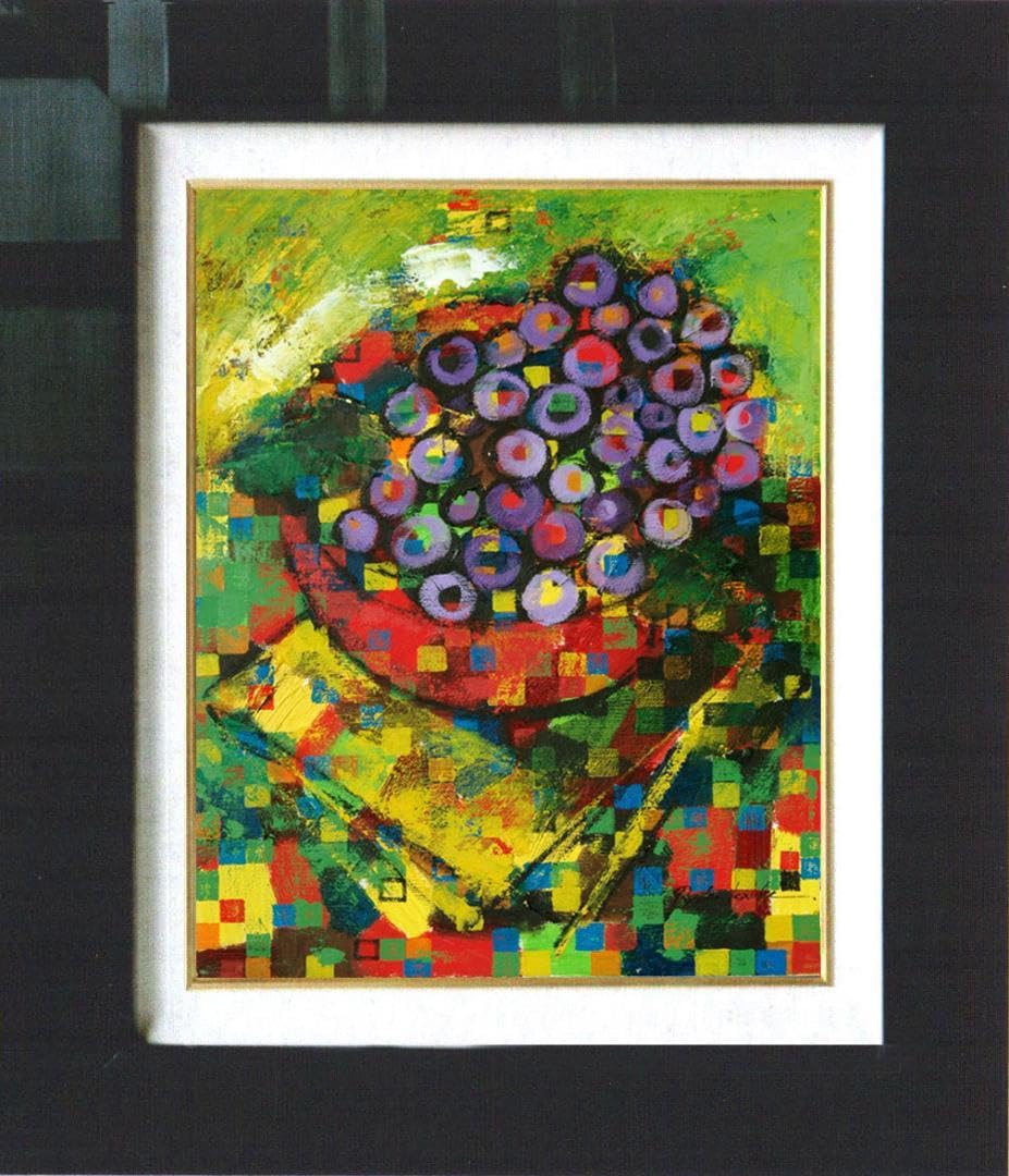 油絵 菅家令子 絵画インテリア額付( 青緑＋金色の枠 )uF6-061004果物