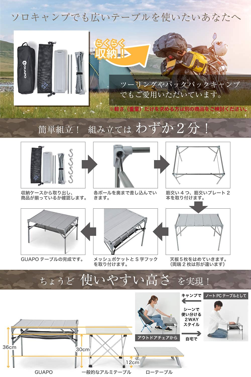 Amazon | GUAPO キャンプ テーブル 耐荷重40kg 耐熱200度 連結自由