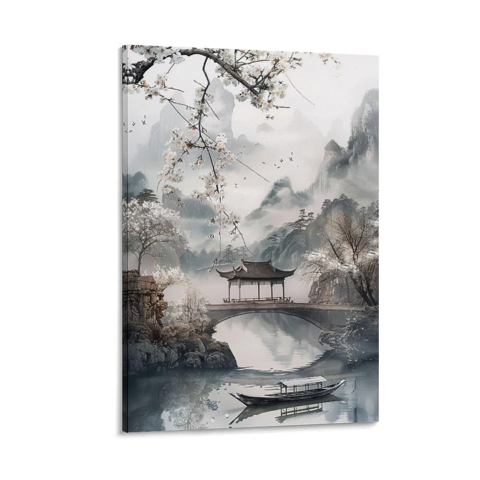 水墨画 風景画 木製フレーム付き 水墨画 風景画 木製フレーム付き