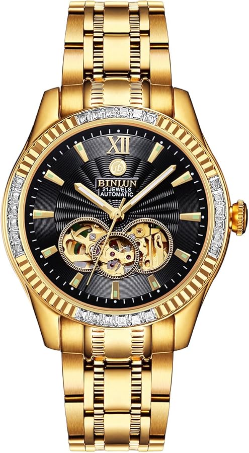 Amazon.co.jp: BINLUN 腕時計メンズ ゴールド 自動巻き時計 金 機械式