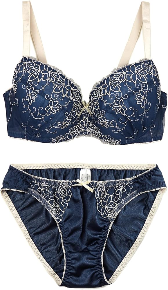 Amazon | 花柄刺繍ブラジャー&ショーツセット下着(WD041) ネイビー