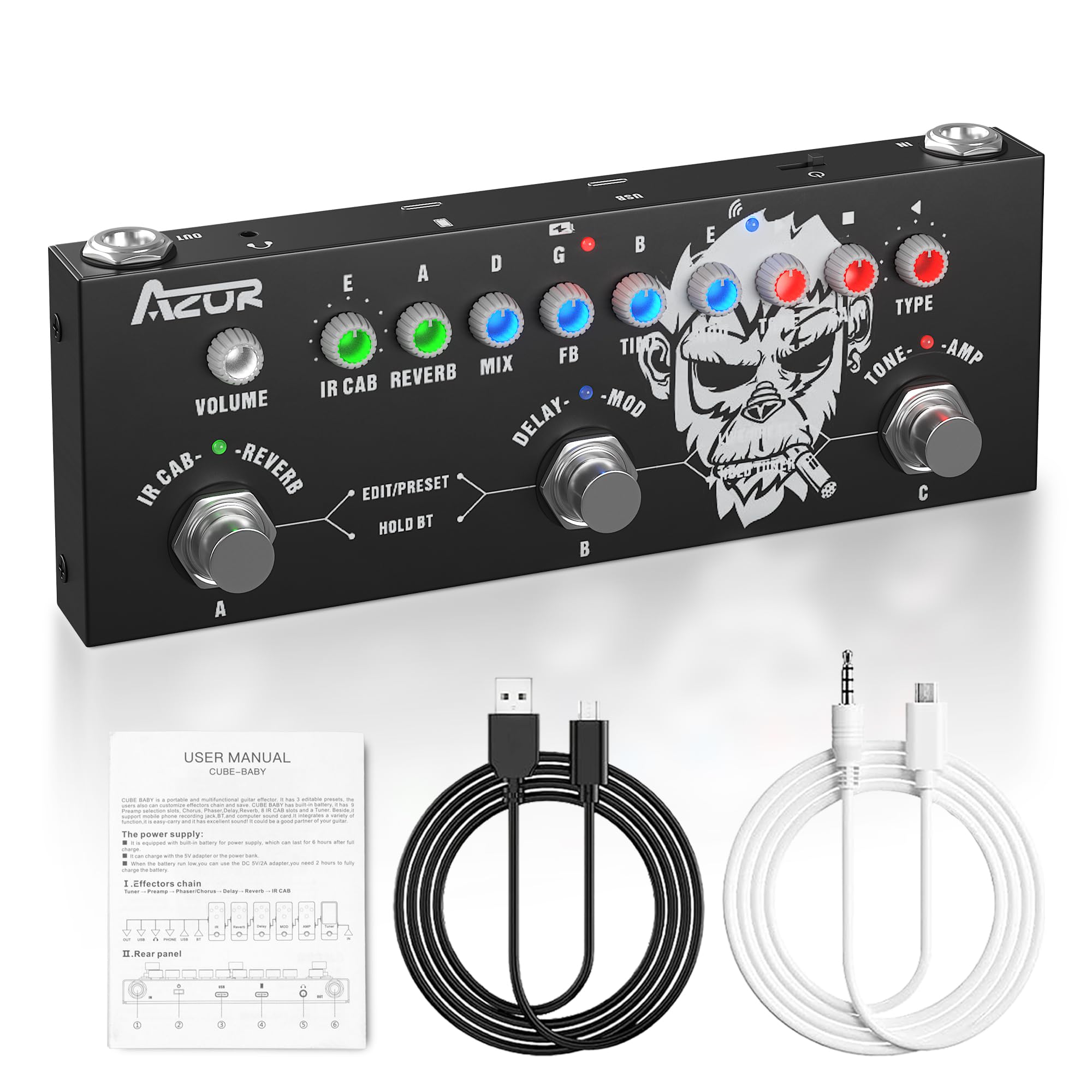 AZOR Multi Effects Guitar Pedal with 3 Preset,8 IR Cab 9 AMP