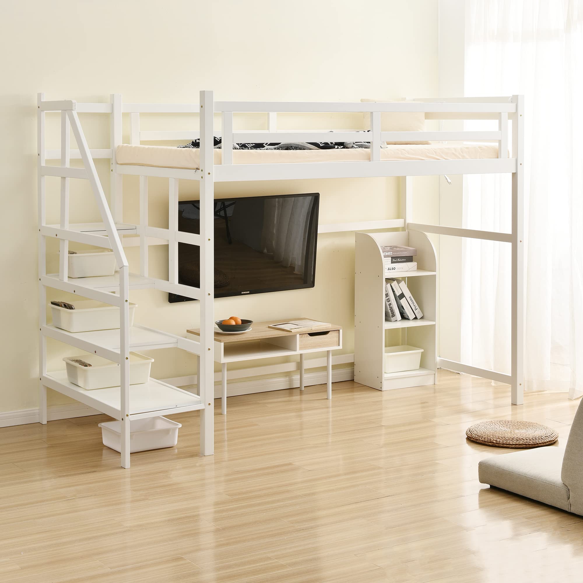 Amazon｜ロフトベッド 天然木 木製 2段ベッド 収納棚+階段+コンセント+