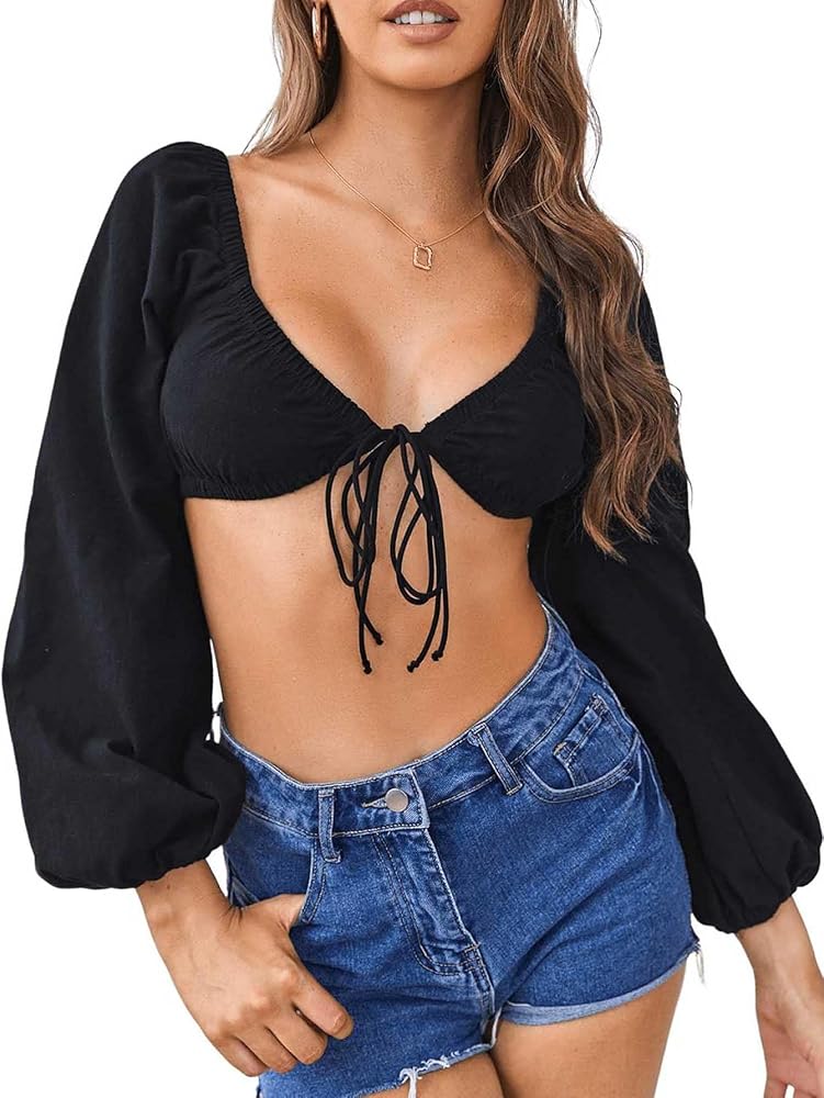 MakeMeChic Women's Tie Front Tops Long Sleeve Sweetheart Neck
