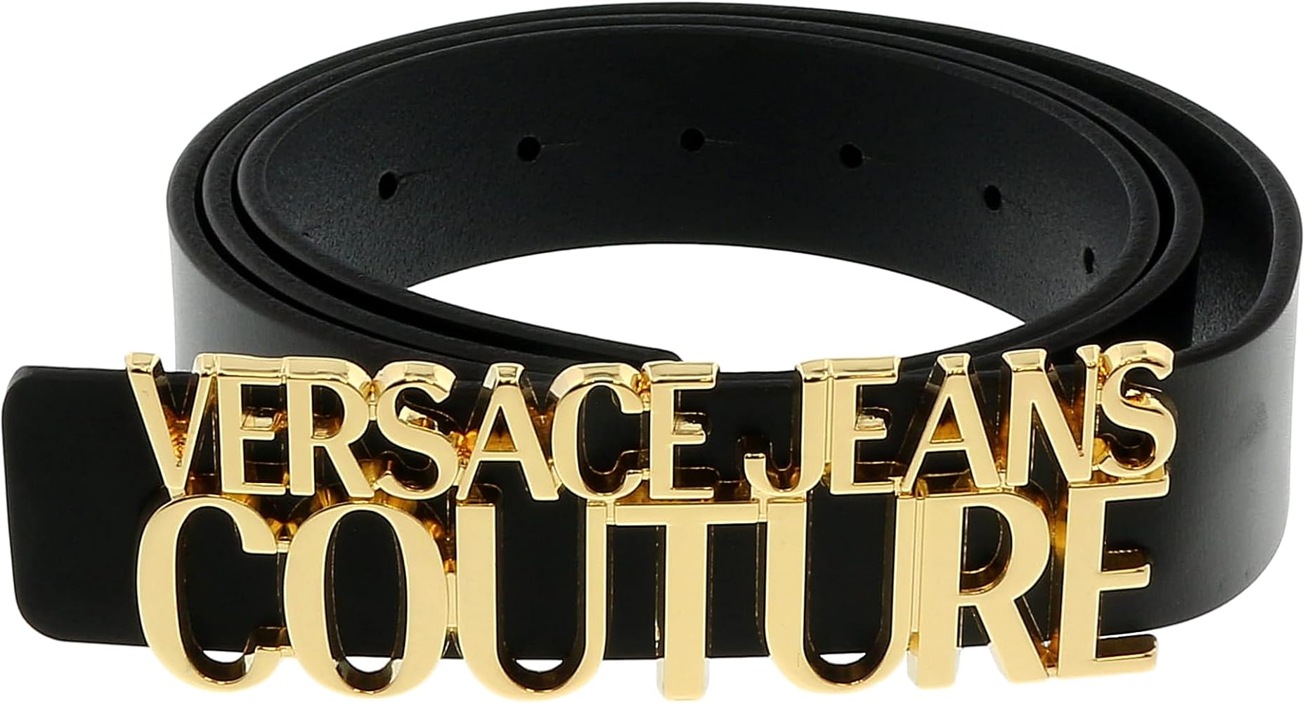 VERSACE JEANS COUTURE Black/Gold Lettering Buckle Leather Belt-38