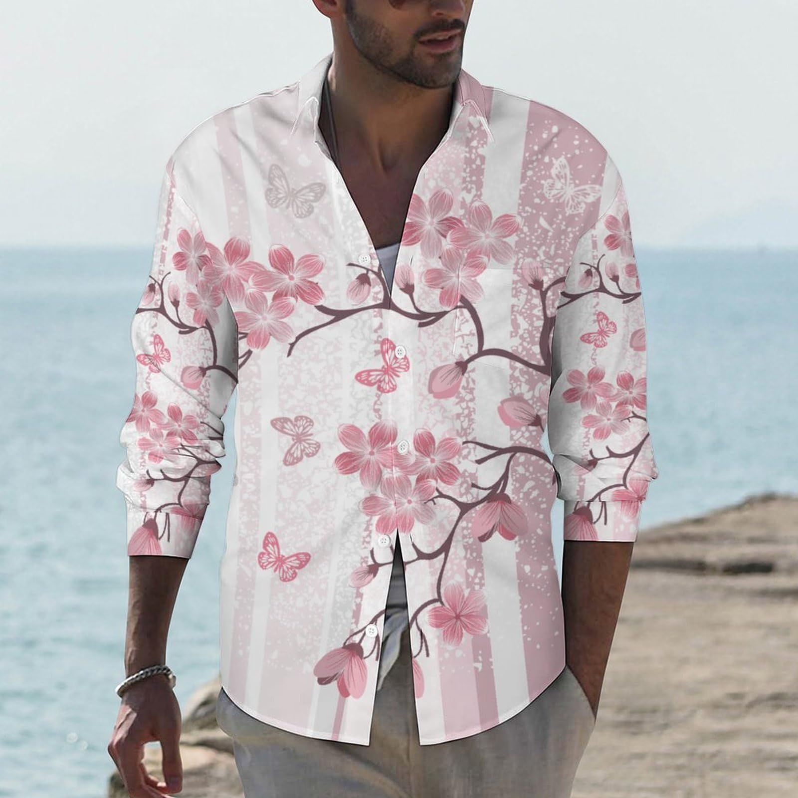 Amazon.co.jp: 和風 ストライプ柄 桜柄 ピンク メンズ 長袖 シャツ