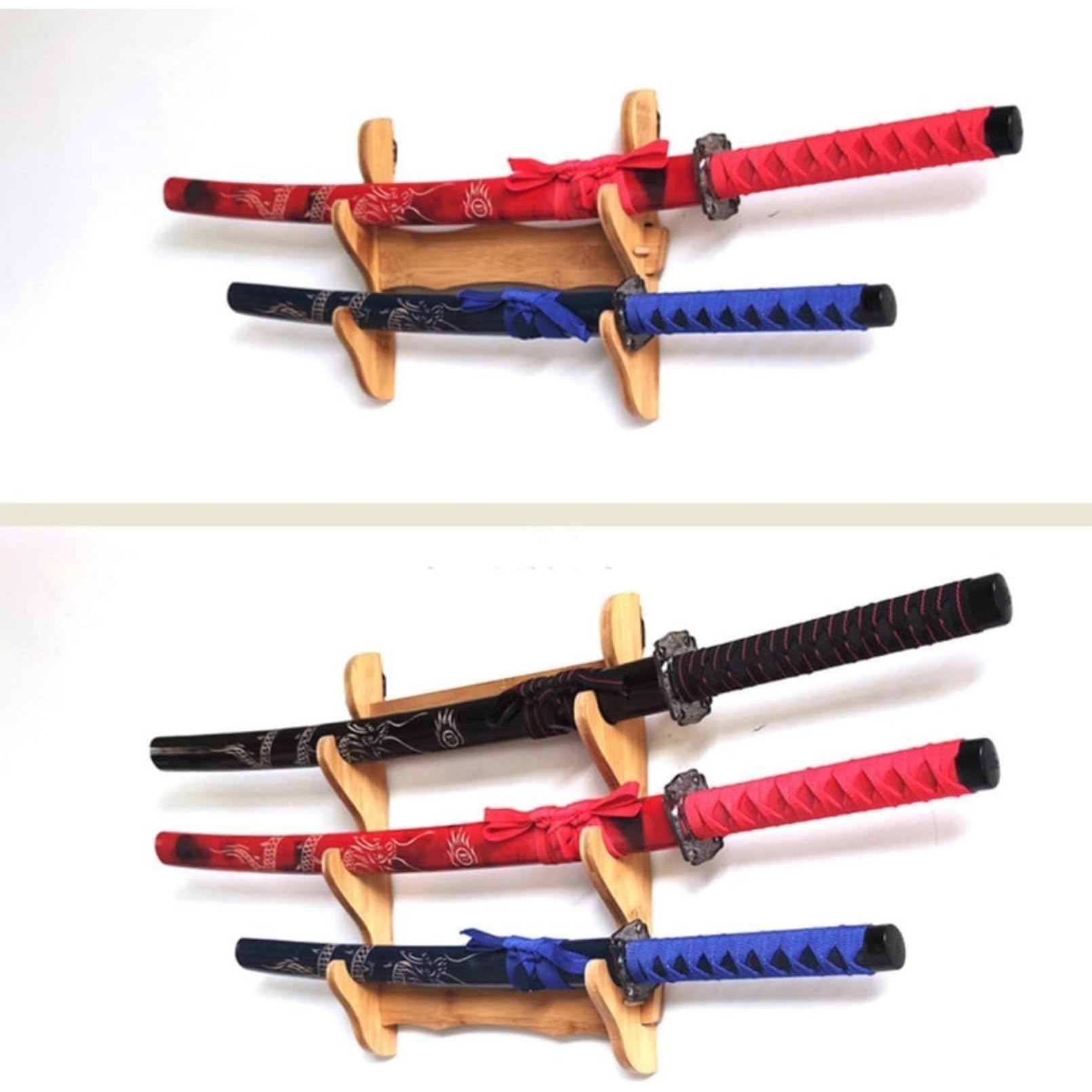 模造刀 3本 刀掛け付き : 壁刀掛け 木製 日本刀 壁三本