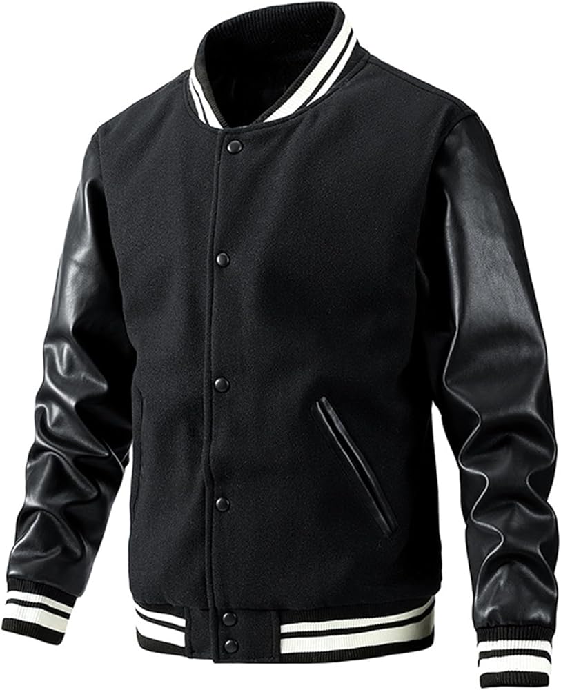 Baseball Jacket Men Varsity Jacket Genuine Faux Leather Sleeve