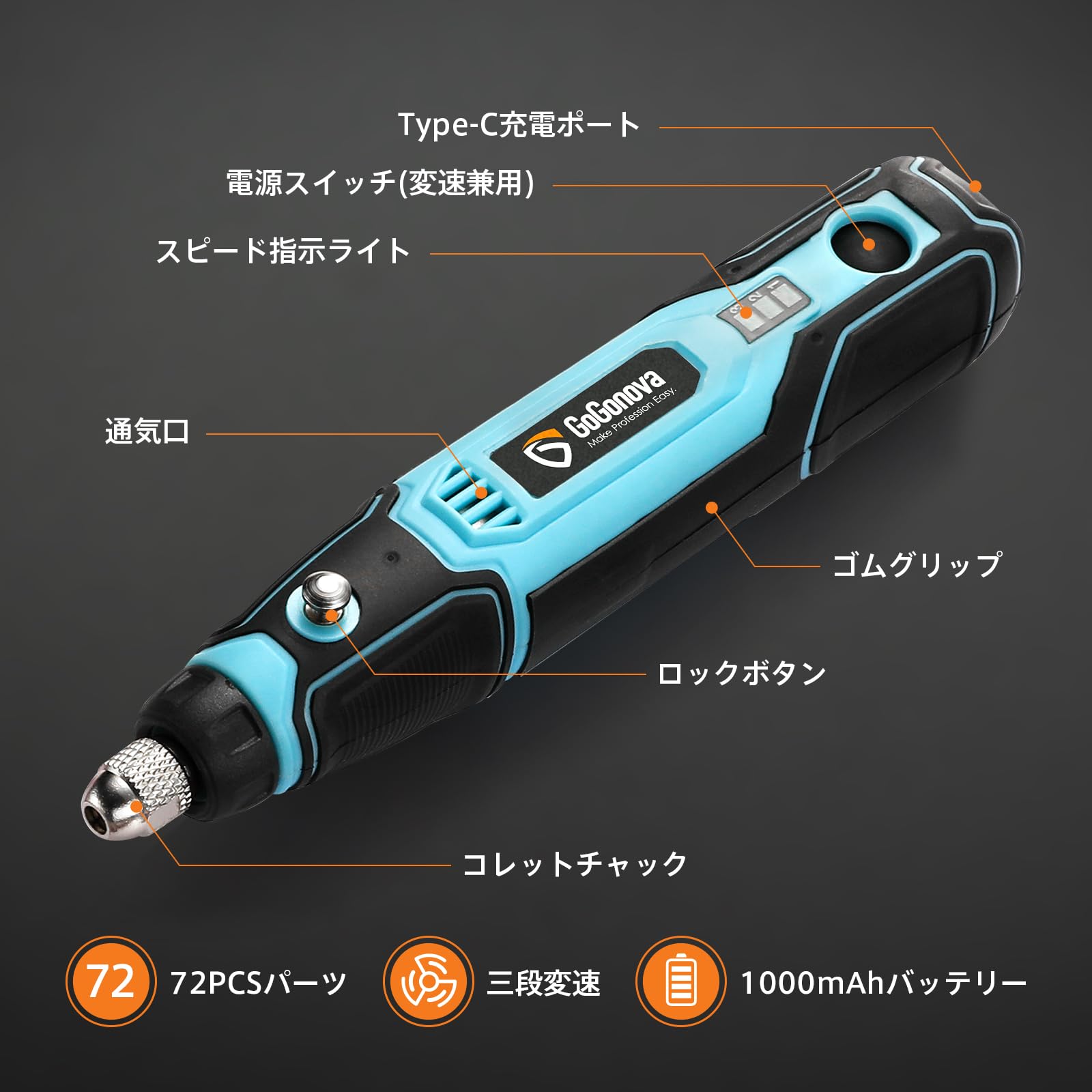 Amazon | GoGonova ミニルーター USB充電式リューター 3段変速72PCS