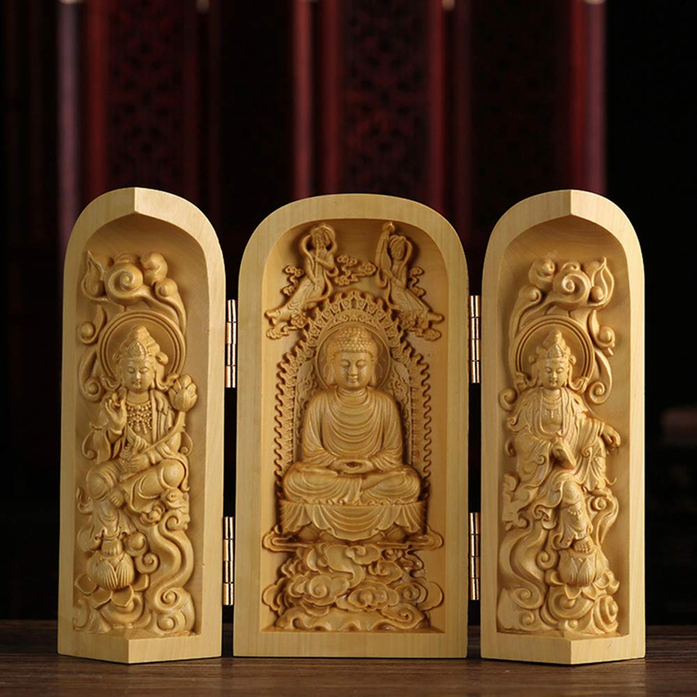 Amazon.co.jp: 【仏像】 蓮台柘植木 置物 三開仏 【西方三聖：阿弥陀
