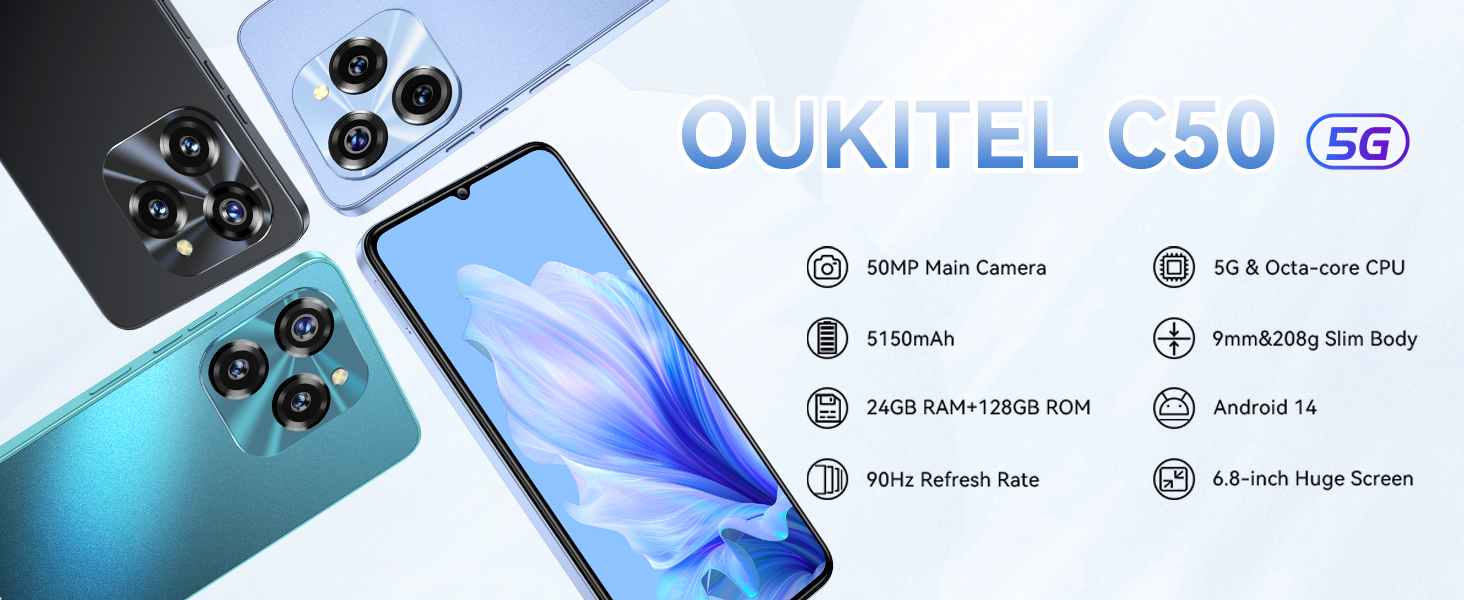 OUKITEL C50 Mobile phones 5g - Android 14 phone 24GB+128GB (1TB