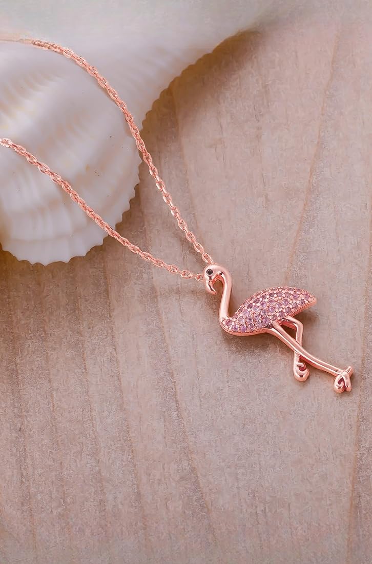 GIVA 925 Silver Rose Gold Zircon Flamingo Pendant with Link Chain