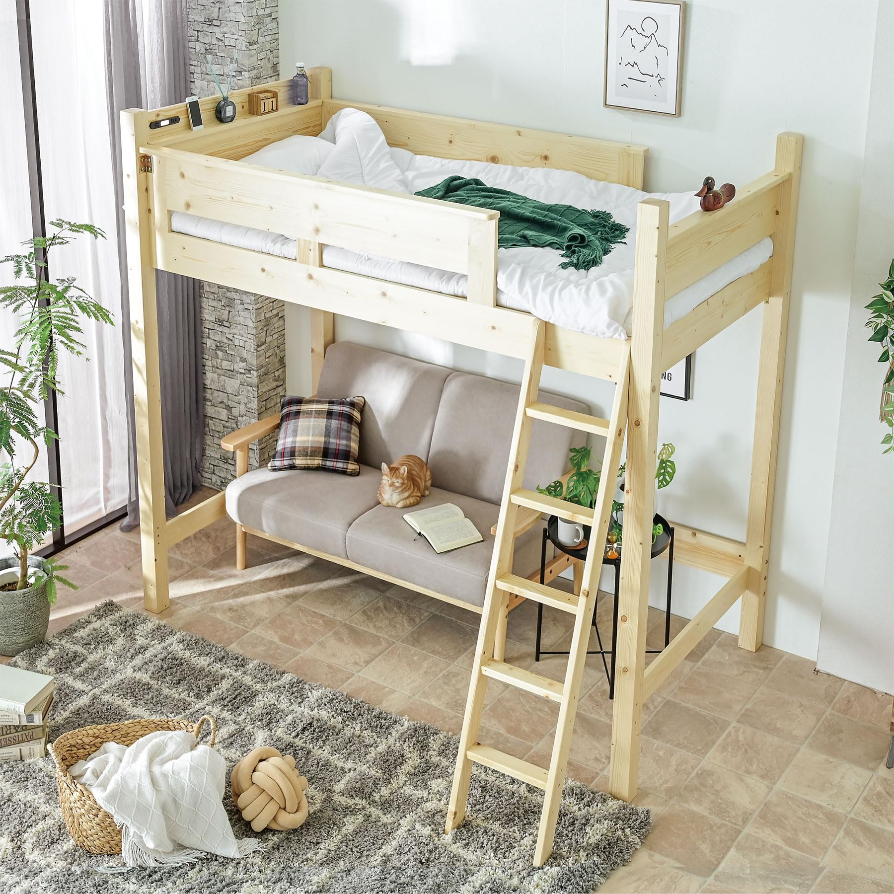 Amazon｜木製 ロフトベッド ハイタイプ 宮棚 コンセント LEDライト 付