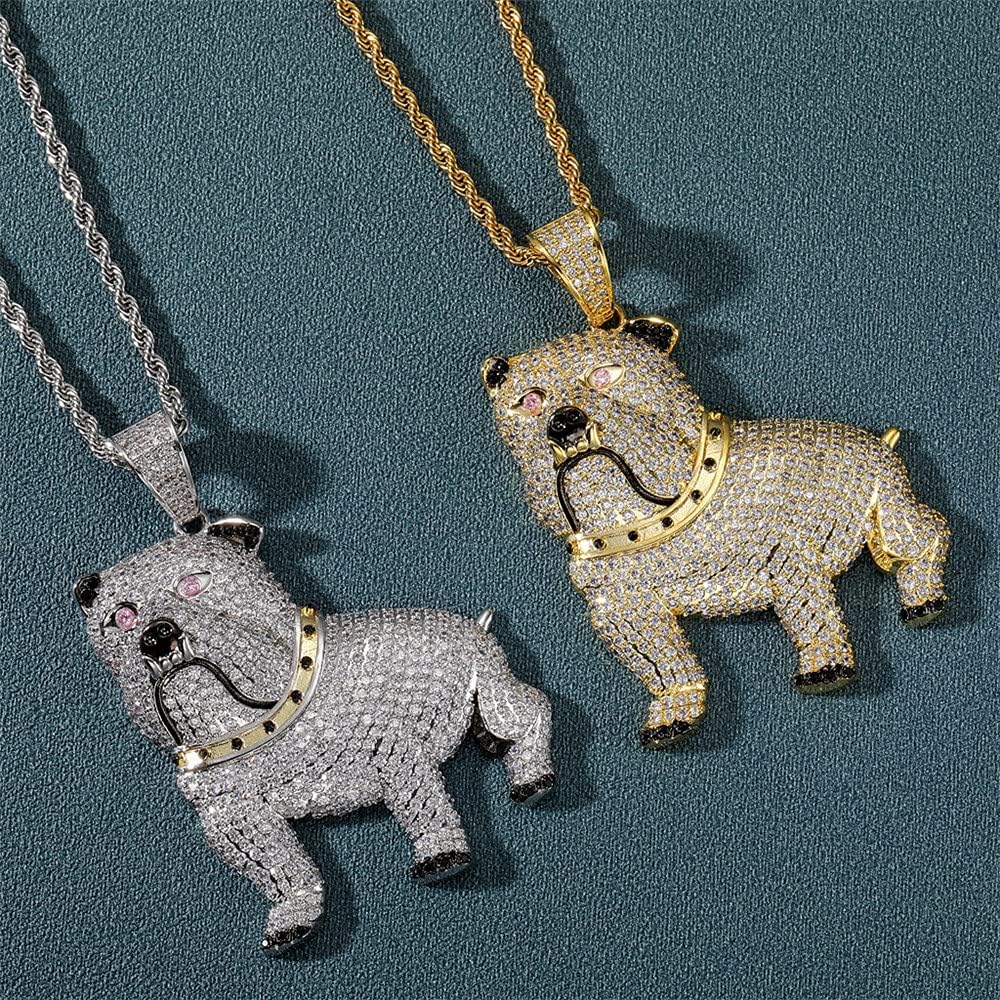 Fantex 14K Iced Out Bulldog Pet Necklace, Full Shiny CZ Lab