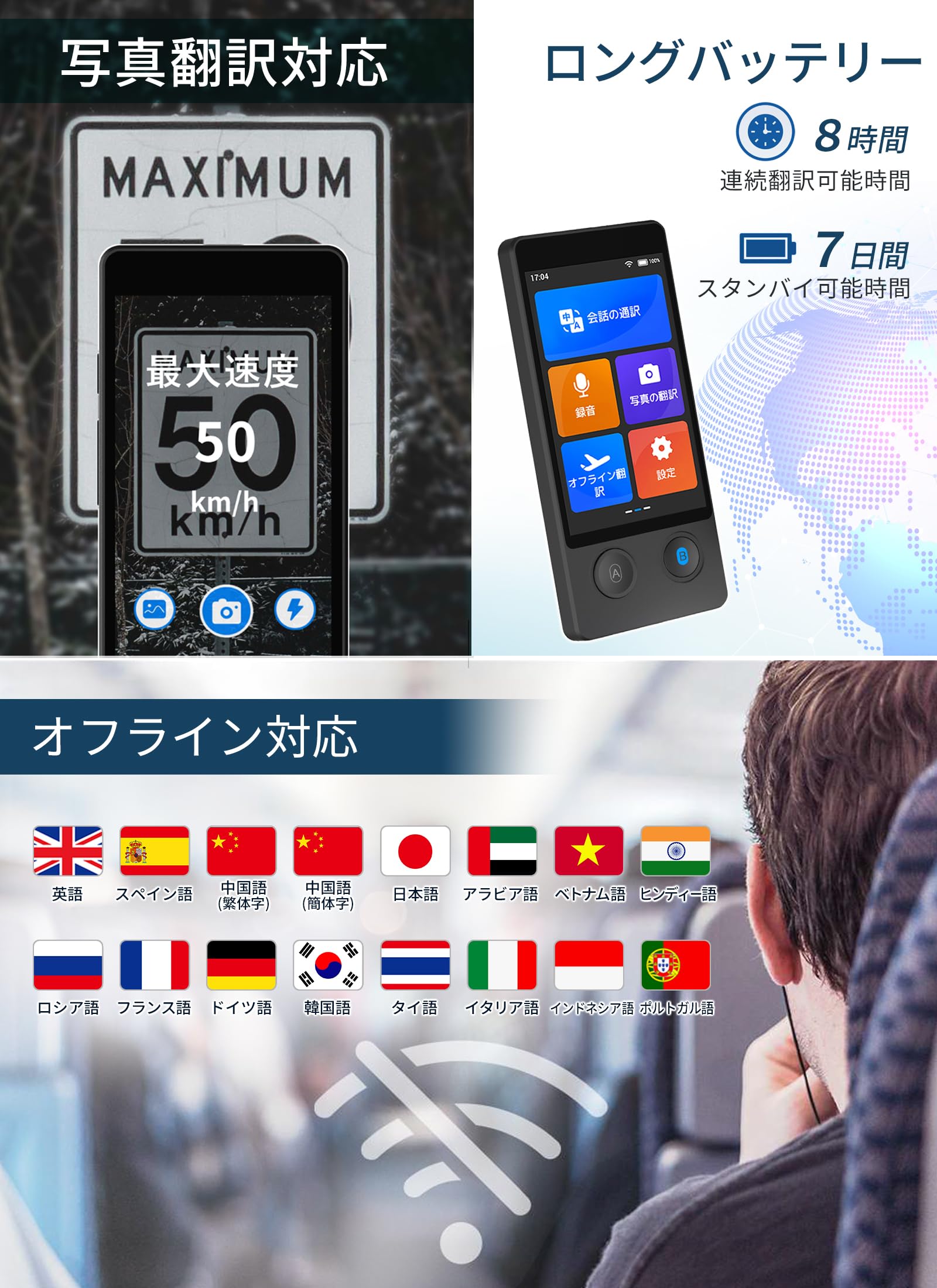 Amazon.co.jp: Wooask W12 翻訳機 音声翻訳機 ウーアスク【SIM不要