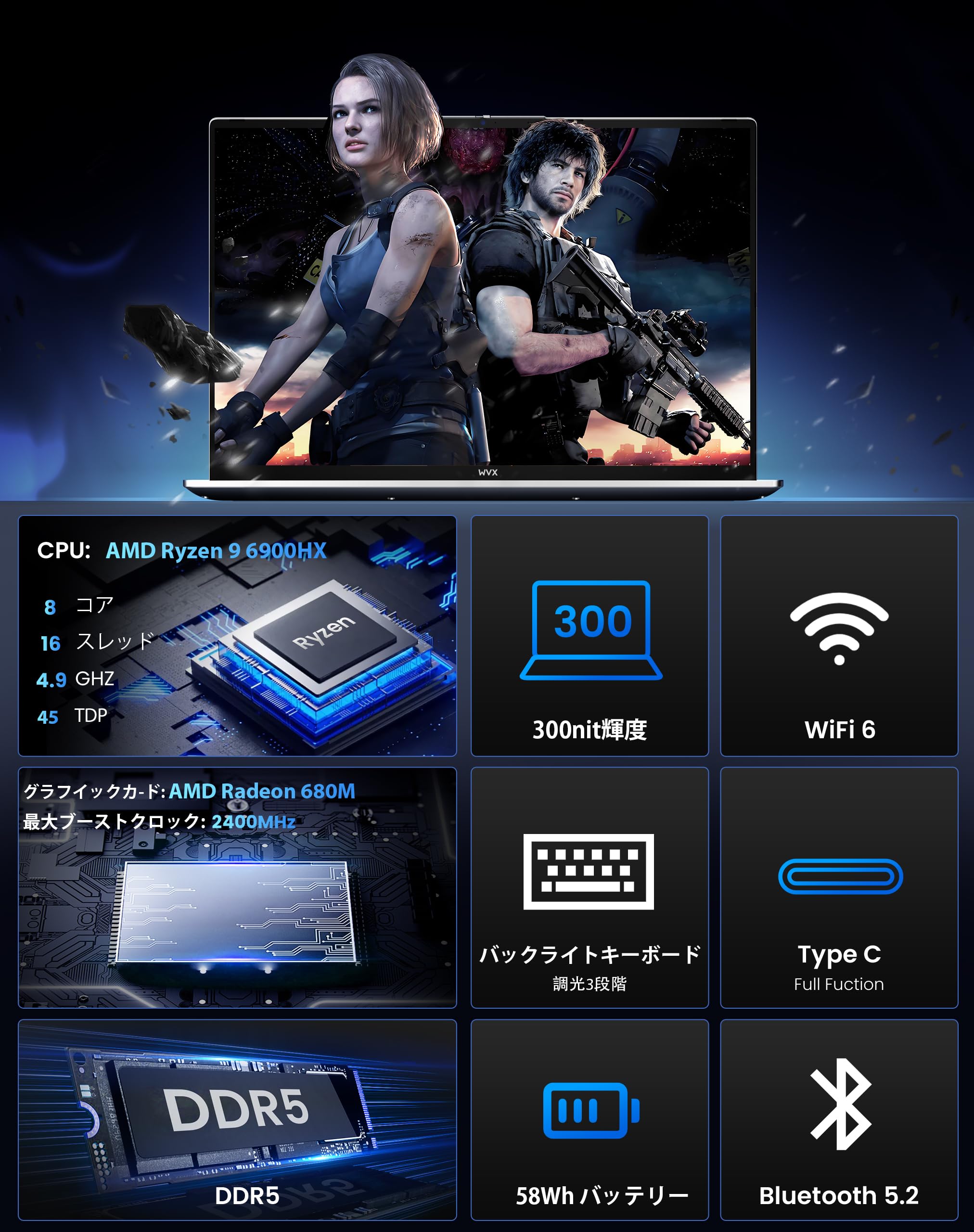 Amazon.co.jp: WVX ゲーミングノートpc AMD Ryzen 9 6900HX (8C16T