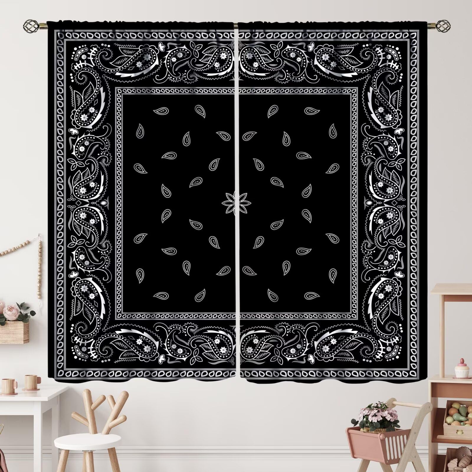 Amazon.com: Bandana Curtains White Floral Paisley Black Bandana