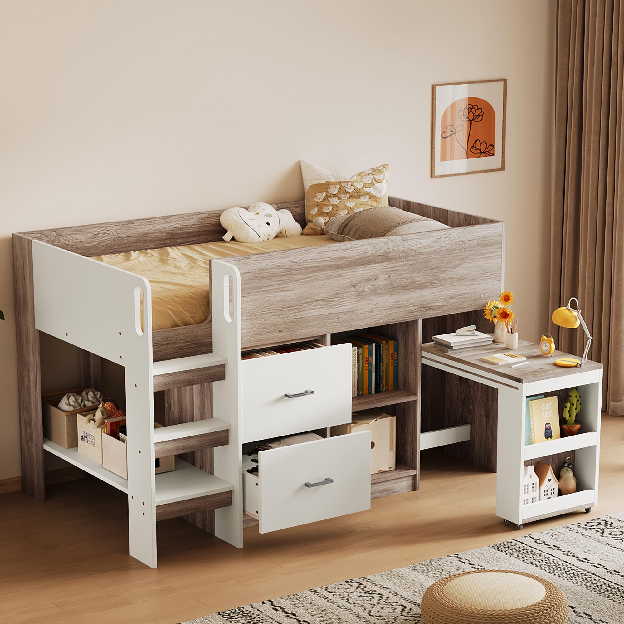 Amazon｜Chic ZONE システムベッド 木製ロフトベッド 本棚 机付き ロー