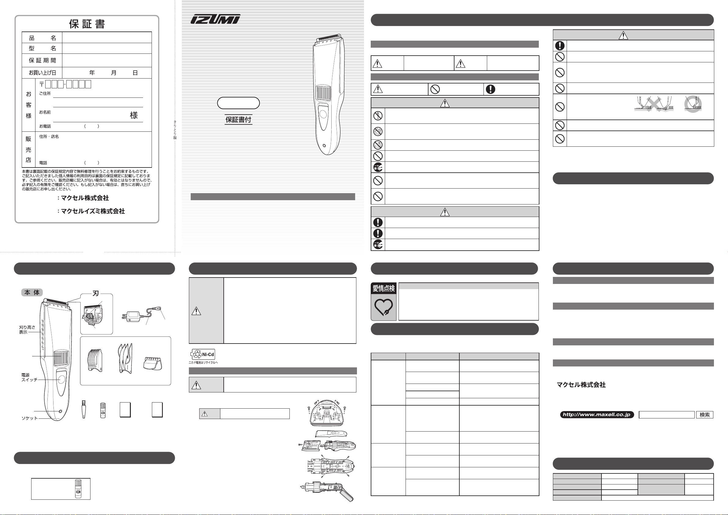 説明書 イズミ HC-FW26 ヘアクリッパー