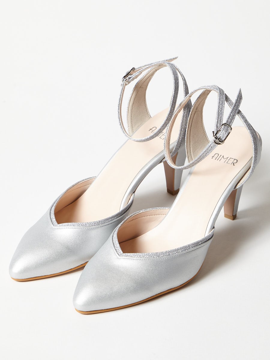 ラメラインポインテッドトゥストラップパンプス(22.5cm シルバー