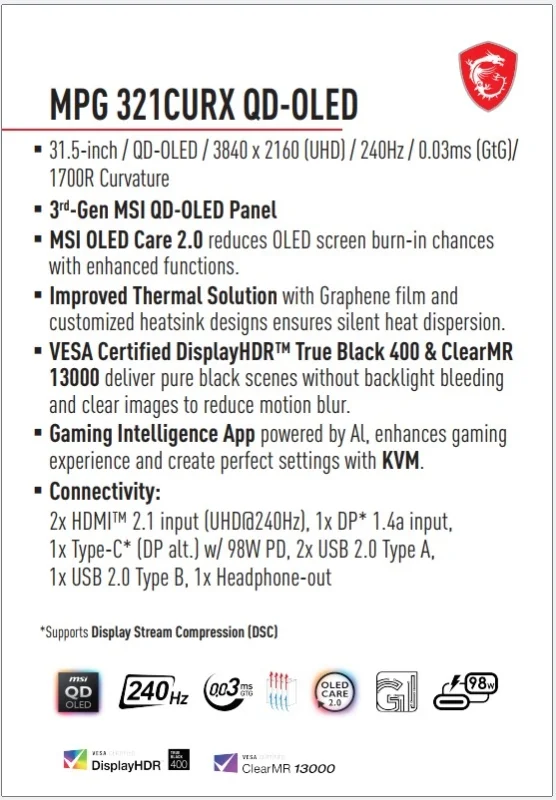 MSI launches their 4K 240Hz MPG 321CURX QD-OLED monitor - OC3D