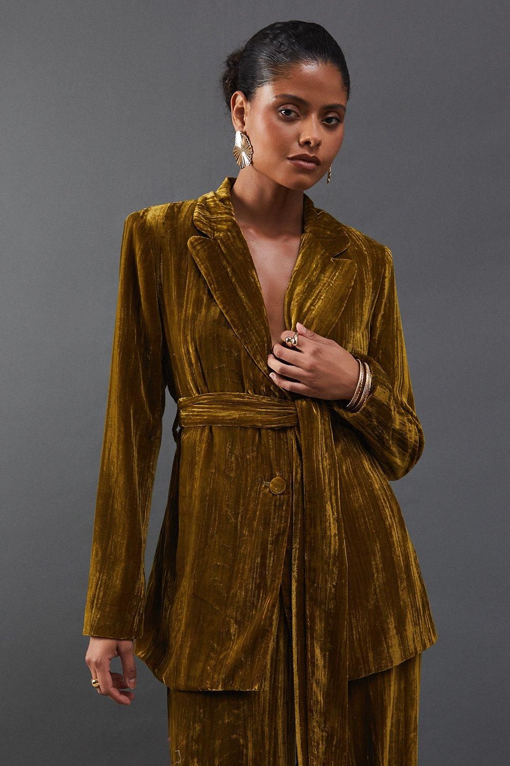 Jackets & Coats | Crushed Velvet Self Belted Blazer | Warehouse