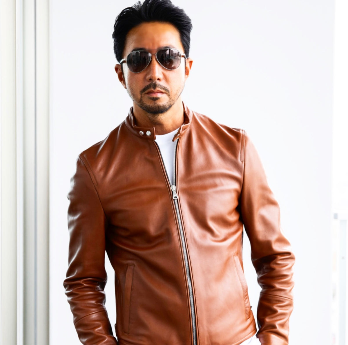 H UOMO シングルライダースジャケット ナッパレザー カスターニョ