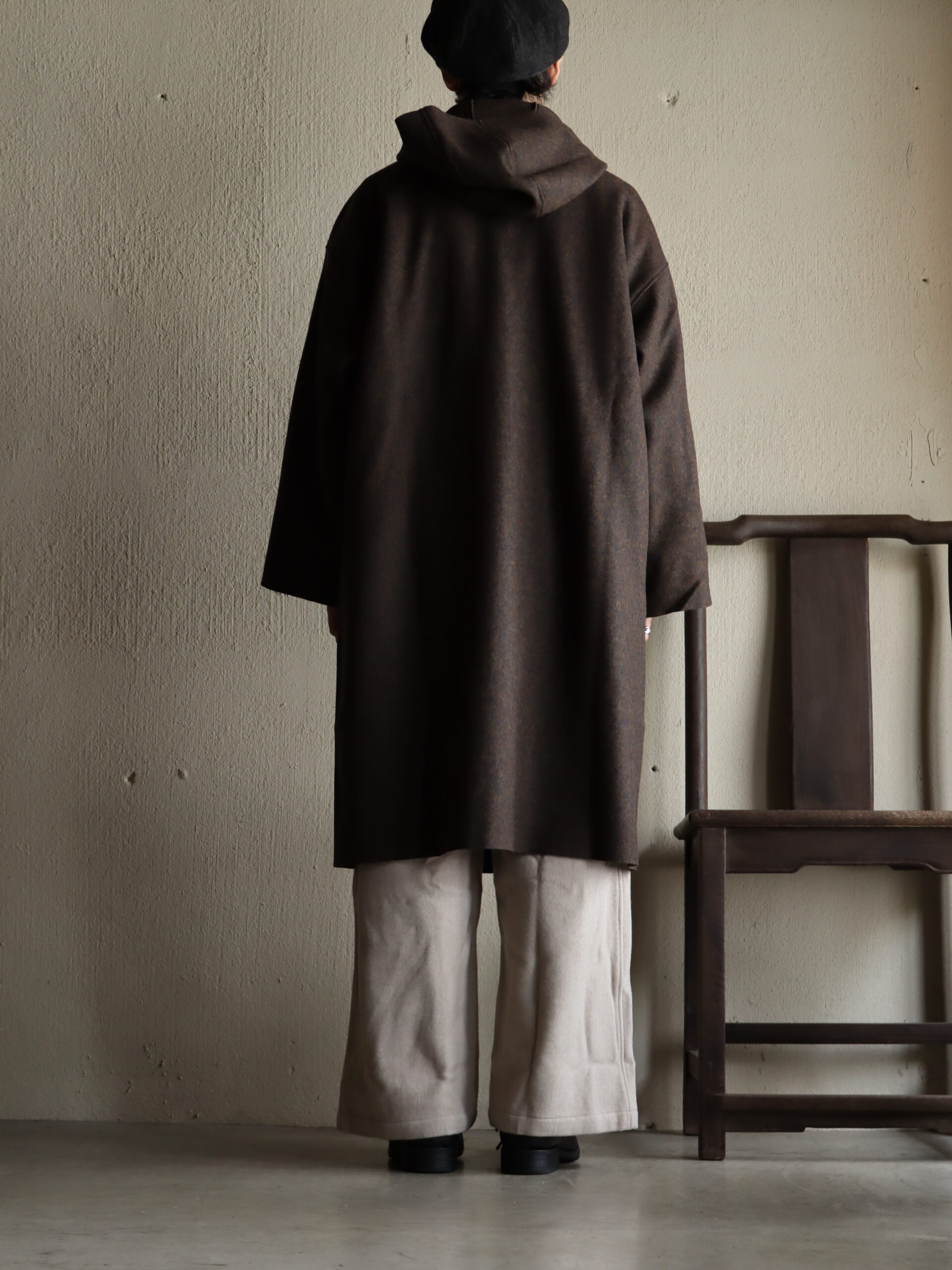 圧縮ウールニットフードコート 緑杢 （UNISEX）−CT-29− | mienisi