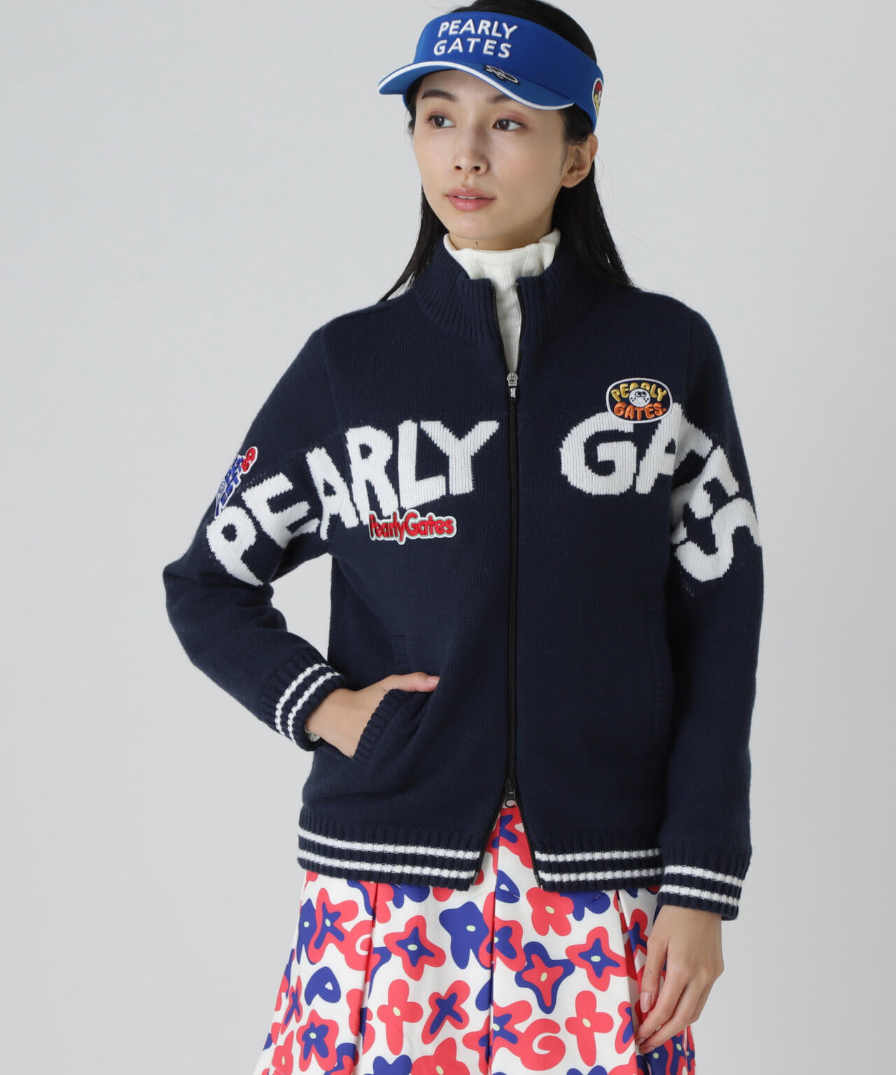 美品 パーリーゲイツ ジップアップ ニット ブルゾン ワッペン ロゴ