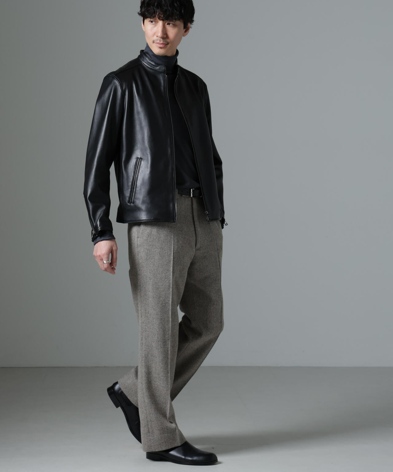 バンドカラーレザーシングルライダースジャケット | NANO universe