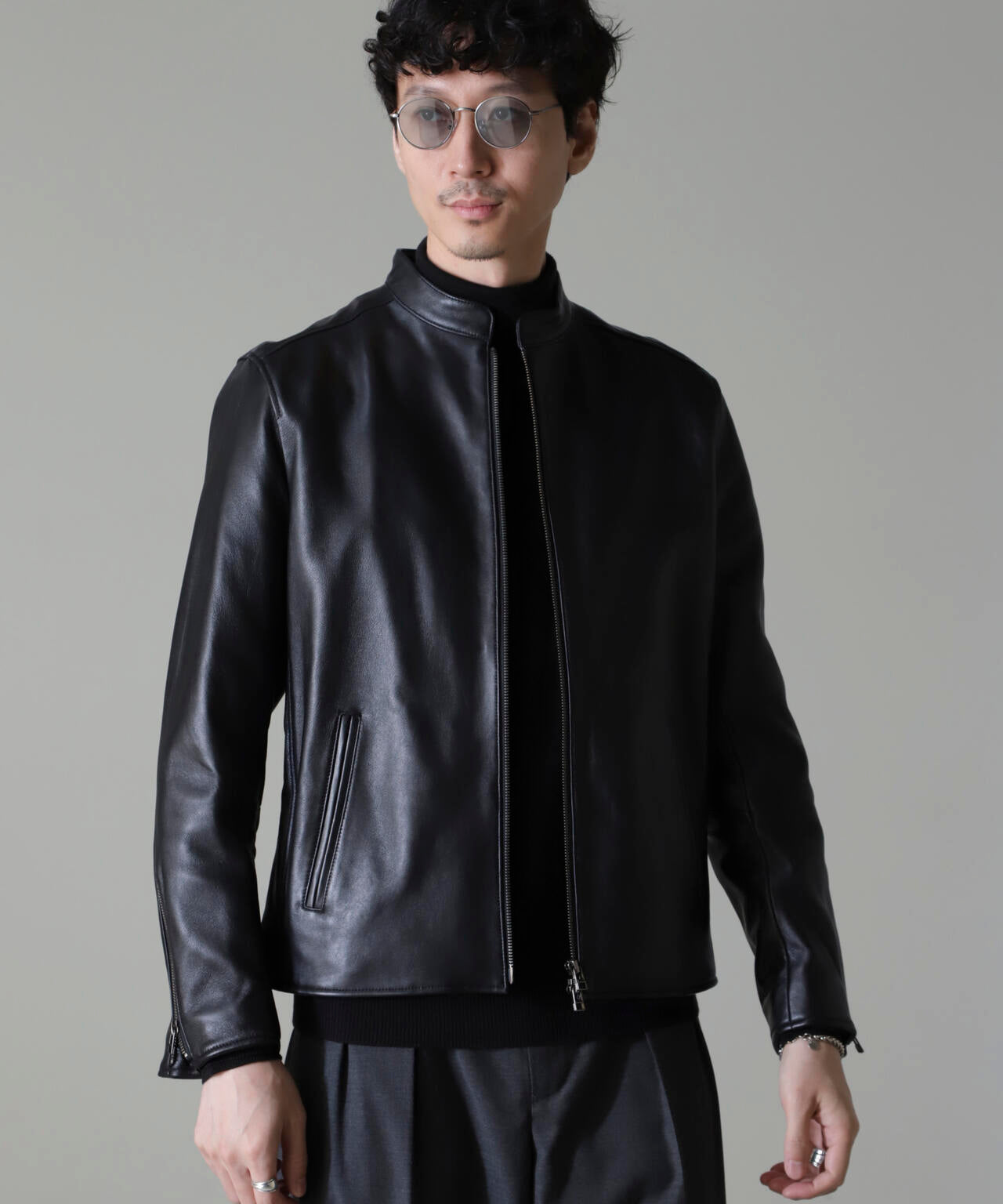 バンドカラーレザーシングルライダースジャケット | NANO universe