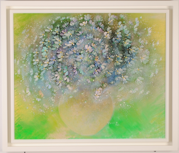 油絵の絵画であらきゆみが描いたコスモスの花の油絵「陽だまりに咲く倖