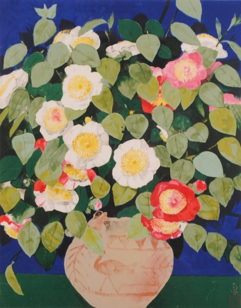 花の絵画をリトグラフの版画で制作した堅山南風の和の花の絵「肥後椿