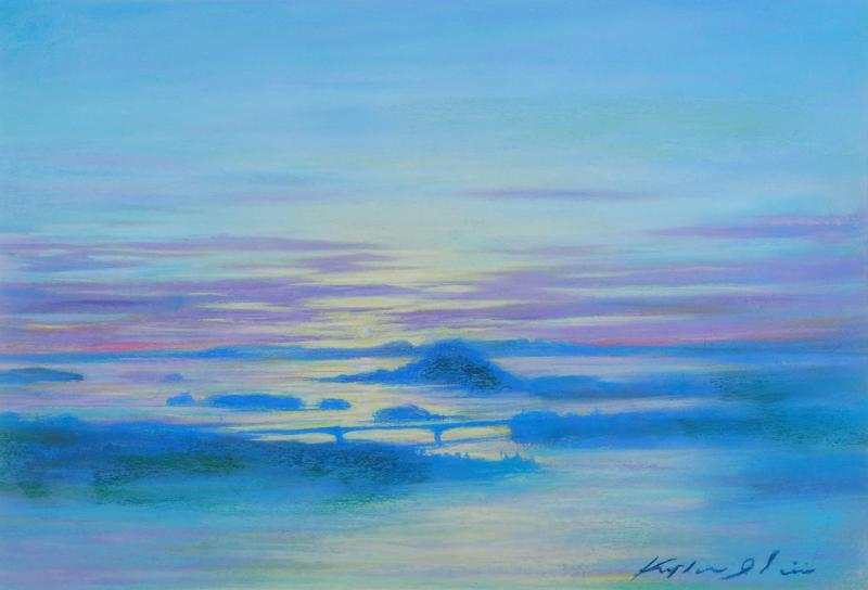 絵画のパステル画で石井清が描いた熊本の天草の風景画「夕日を望む」を