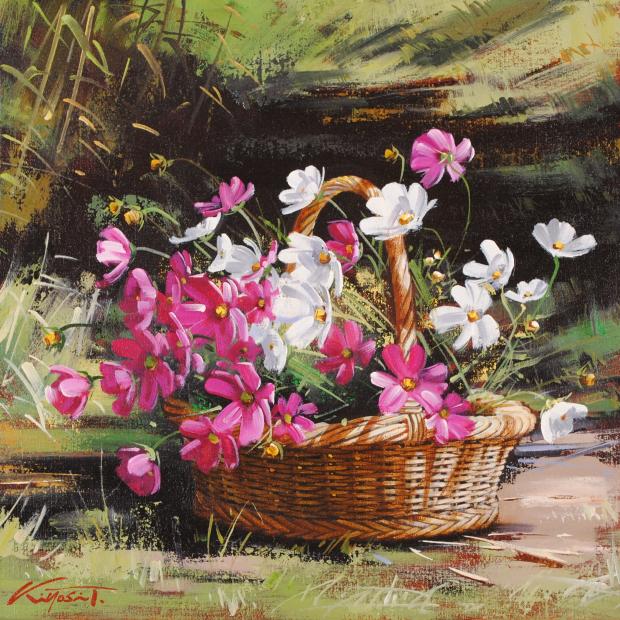 油絵の絵画で田中清が描いたコスモスの花の油絵「陽光の道」をご購入