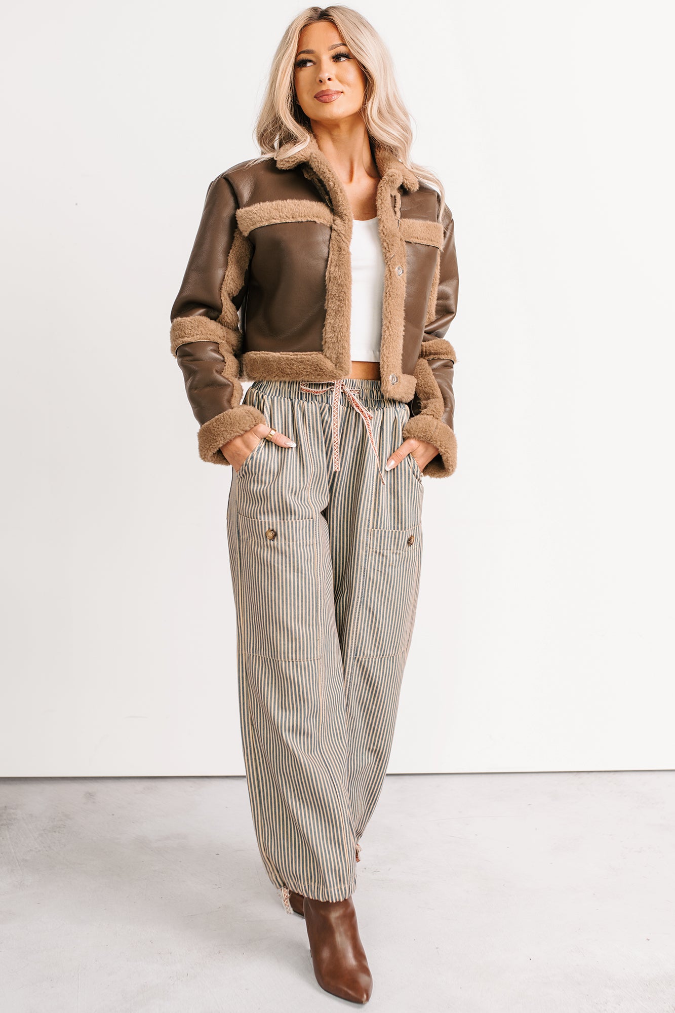 She's Fire Faux Leather Fur Trim Crop Jacket (Chocolate) · NanaMacs