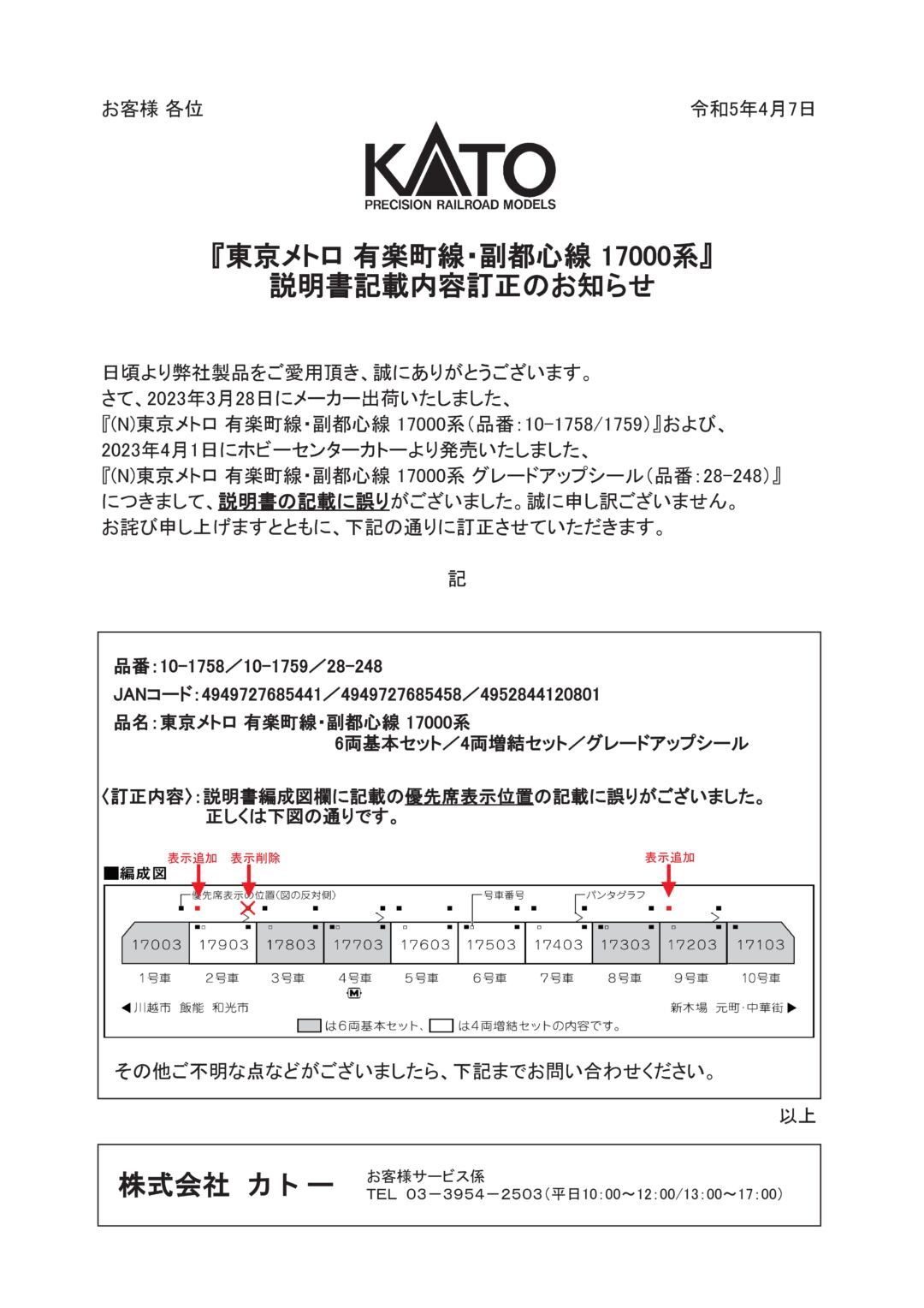 KATO】『東京メトロ 有楽町線・副都心線 17000系』説明書記載内容訂正
