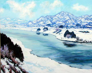 冬風景表紙1／油彩画・風景画／山形の四季風景（月山・最上川）画家