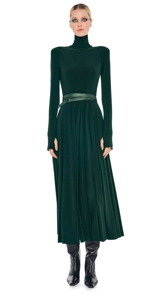 LS SHOULDER PAD TURTLE FLARED DRESS TO MIDCALF – Dark Emerald