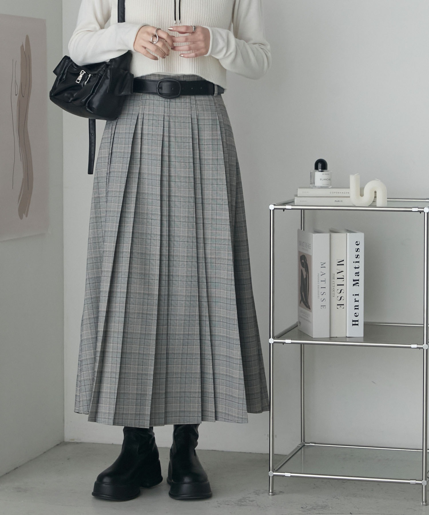 forksy.】ベルト付き ランダムプリーツ チェックロングスカート forksy