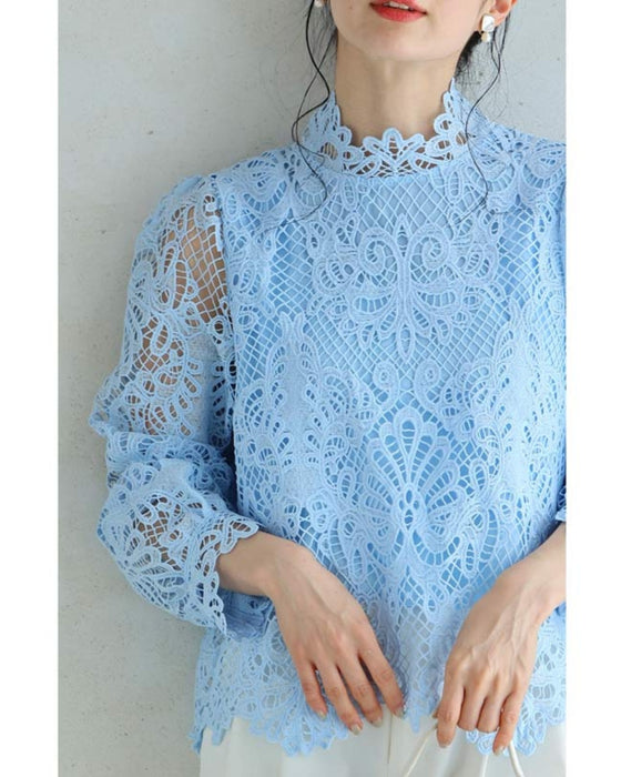 エレガントなブルーレースの後ろジッププルオーバートップス – ONE