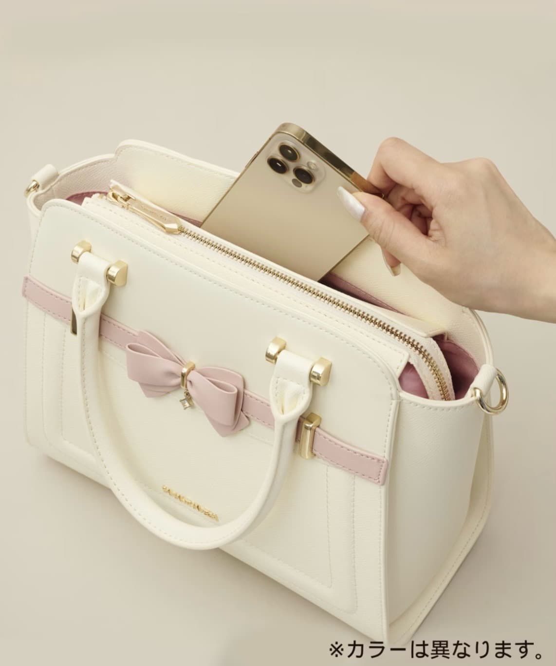 バイカラーアクセントリボンハンドバッグ【ピンク】(ピンク