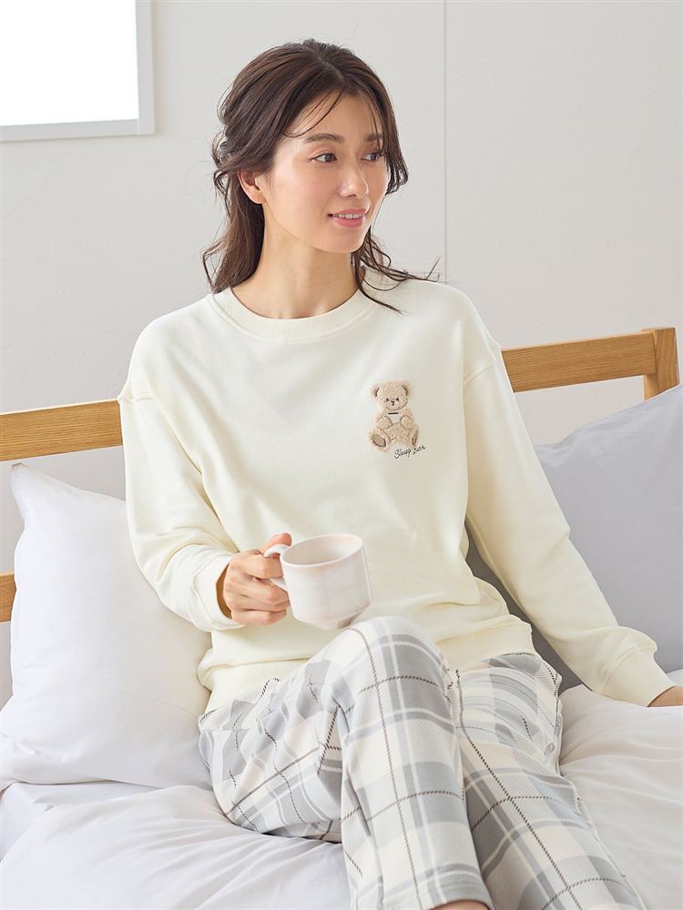 リラックス快眠ウェア]くまさがら刺繍チェックボトムパジャマ: ルーム