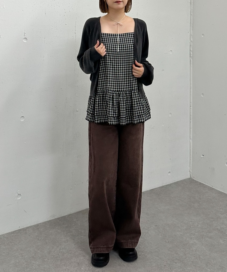 片畦ニットCD×チェックキャミチュニックSET(M IVORY): トップス