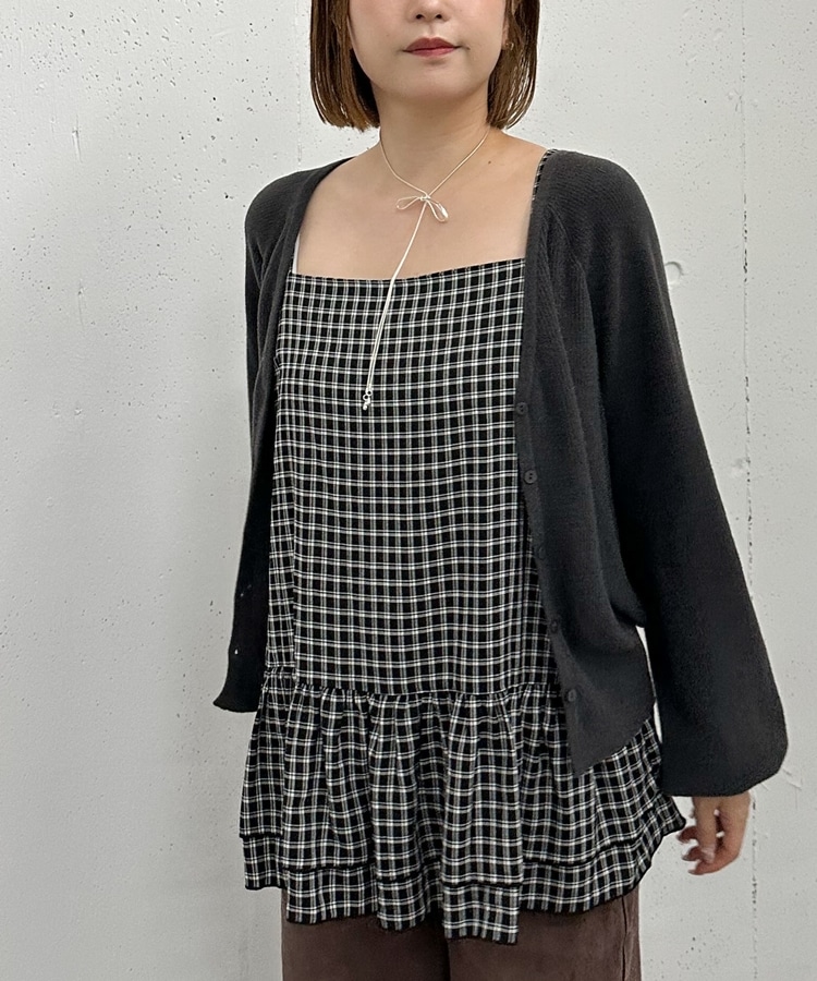 片畦ニットCD×チェックキャミチュニックSET(M IVORY): トップス