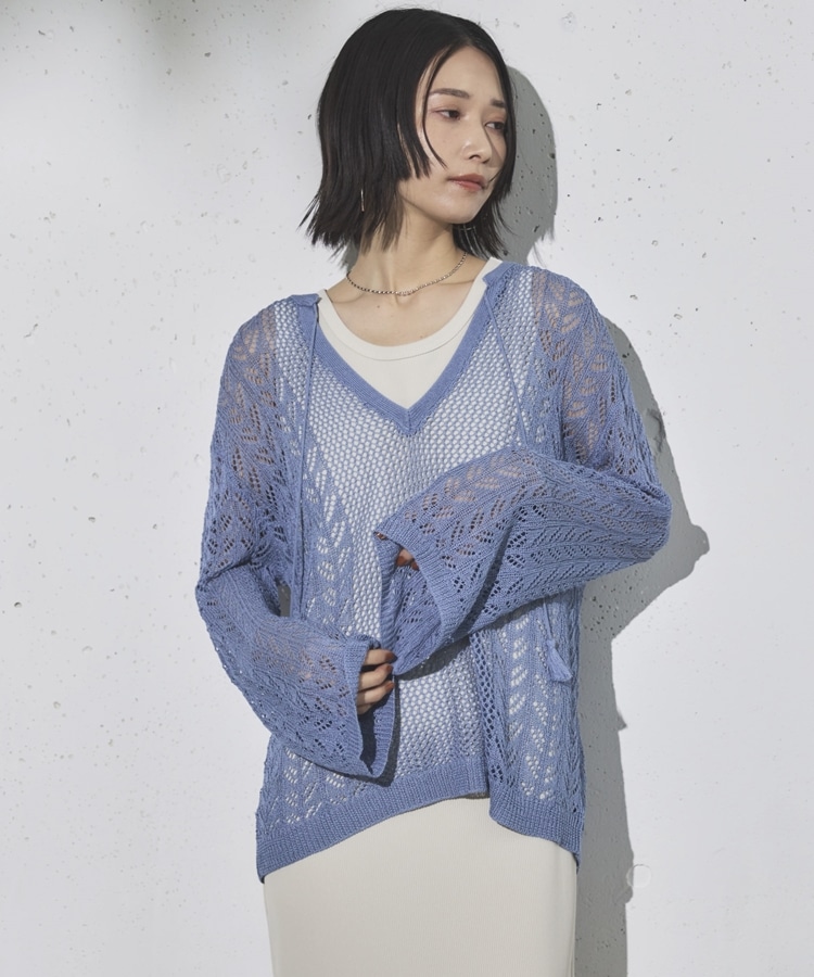 透かし編みキーネックニットプルオーバー(F BLUE): トップス｜PMbox