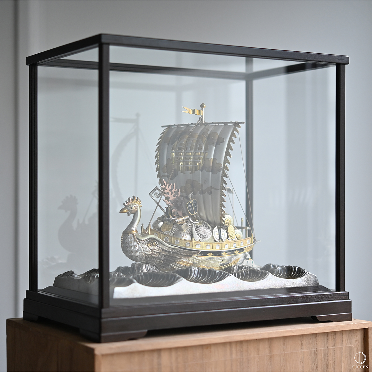 純銀レリーフ【宝船 鳳凰】金属工芸家 二代目関竹比 SILVER999 純銀